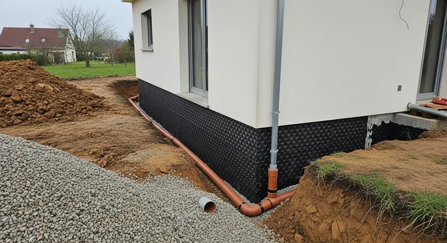 Drainage d'une maison sur terrain argileux gorgé d'eau, Lenn Sec'h, Caudan