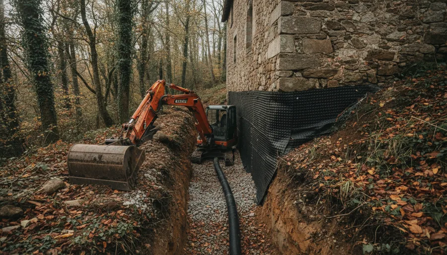 Drainage de versant sur une maison à demi enterrée dans la pente, Plouay