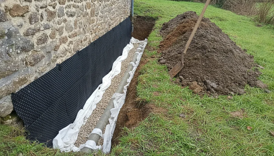 Drainage amont d'un sous-sol de pavillon adossé à la pente, Kervignac