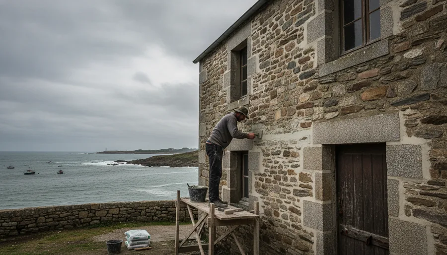 Reprise d'une façade ouest traversée par la pluie battante, Douarnenez