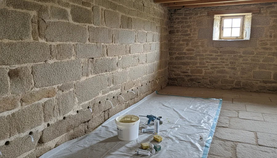 Barrière d'injection sur une maison de granite adossée aux remparts, Hennebont