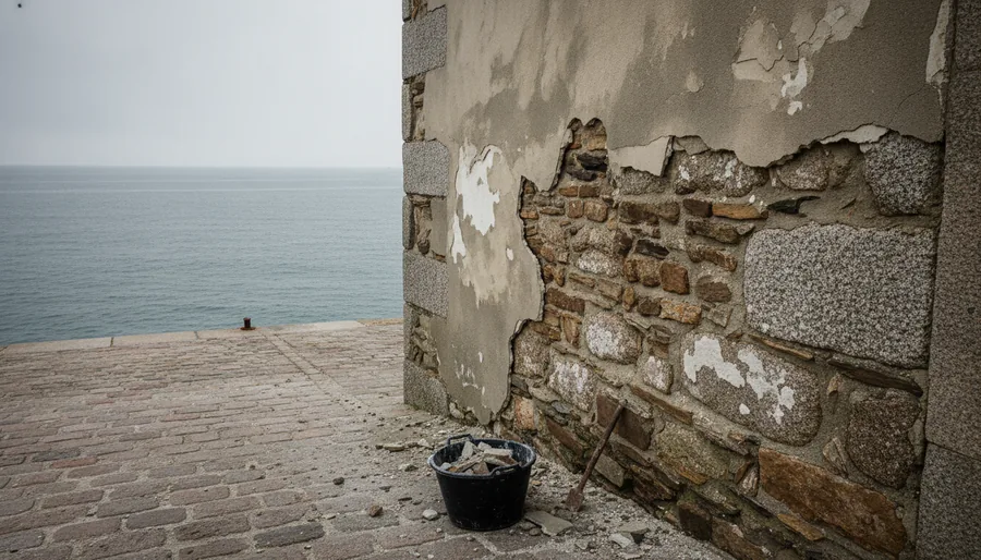 Reprise d'un mur de maison de port rongé par le sel, Moëlan-sur-Mer
