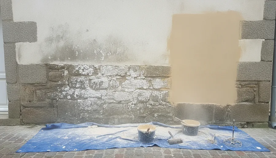 Traitement du salpêtre sur un mur de granite en bord de quai, Concarneau